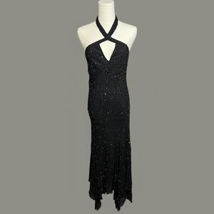Mes Ami Black Halter Keyhole Beaded Dress